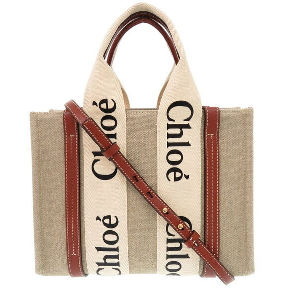 Chloe Handbags - Chloe Woody Tote Bag Leather Canvas White Brown
